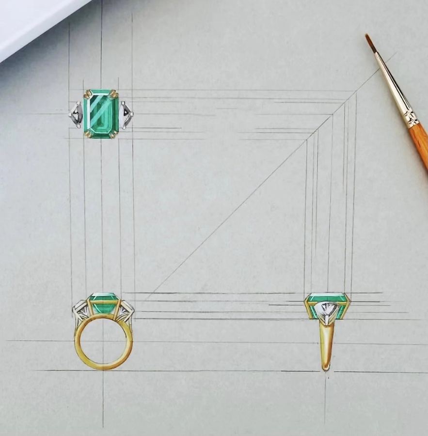 Gouache renders of bespoke rings on paper with a paintbrush