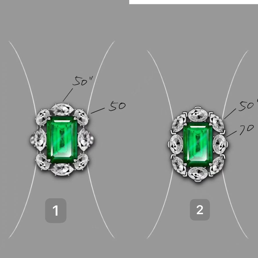 An emerald and diamond ring drawn as two alternative designs